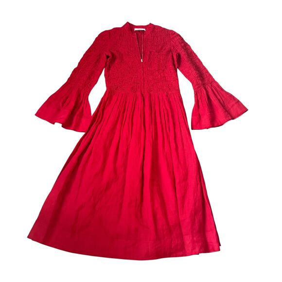 Sea New York Zip Front Smocked Bell Sleeve Maxi Dress Red - Picture 1 of 8